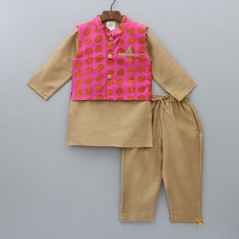 Pre Order: Light Brown Kurta With Printed Front Open Hot Pink Jacket And Pyjama