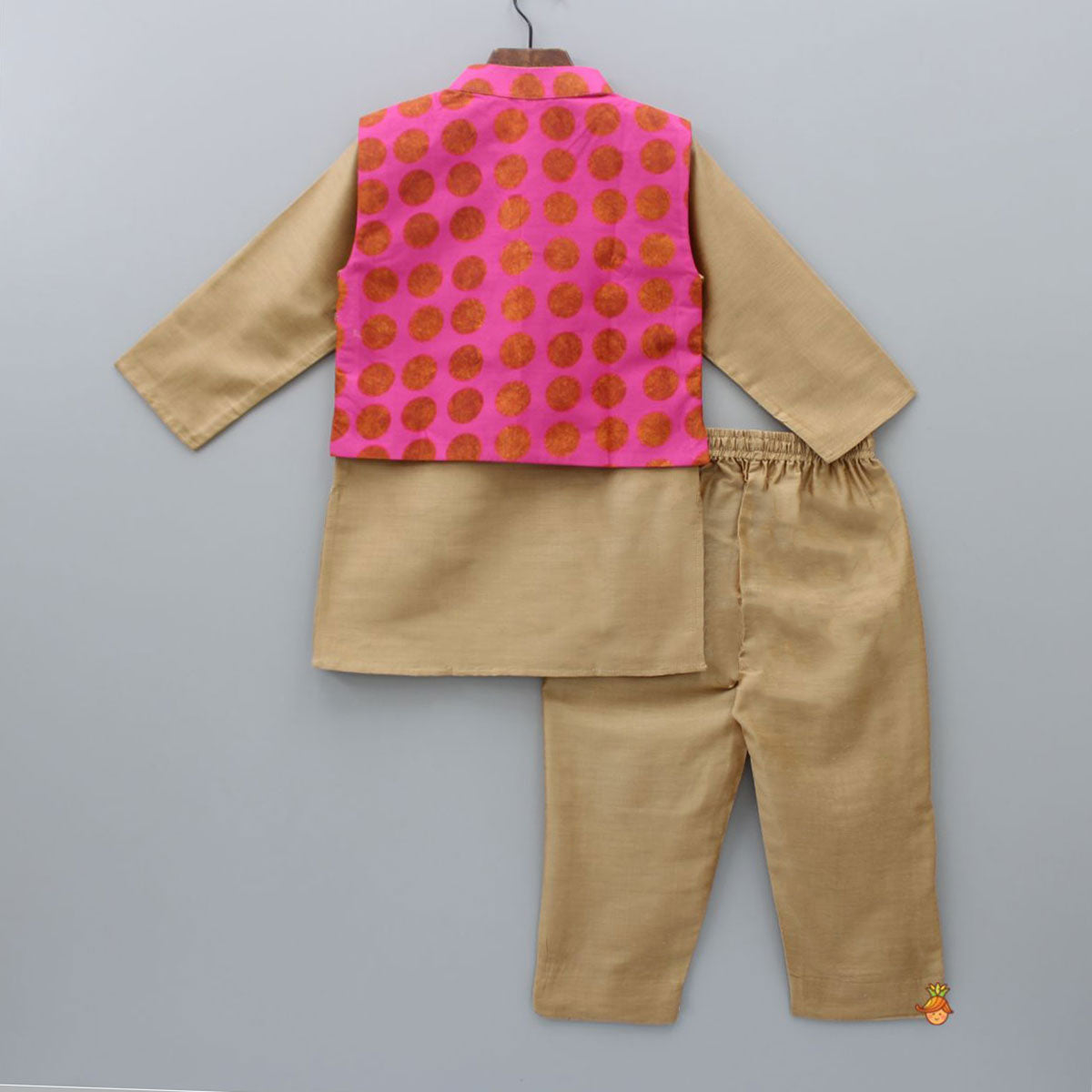 Light Brown Kurta With Printed Front Open Hot Pink Jacket And Pyjama