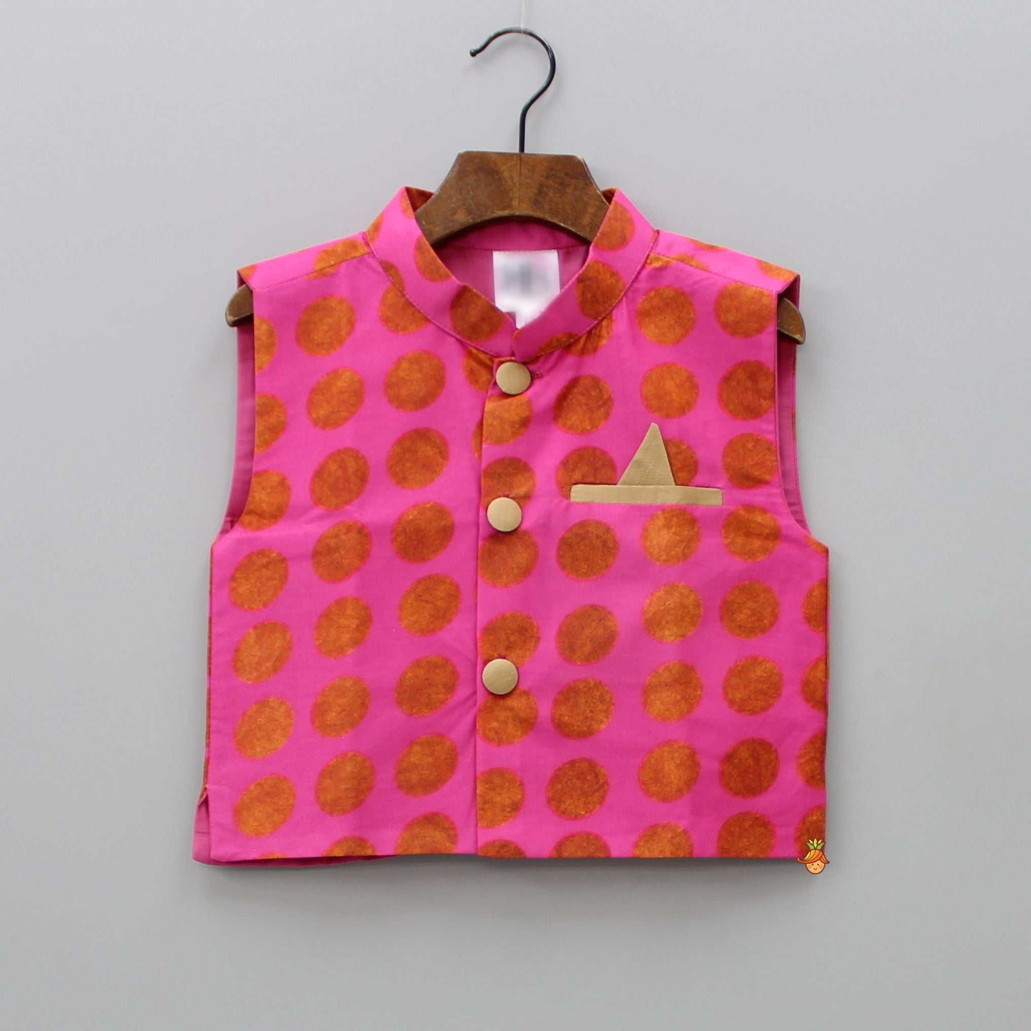 Light Brown Kurta With Printed Front Open Hot Pink Jacket And Pyjama