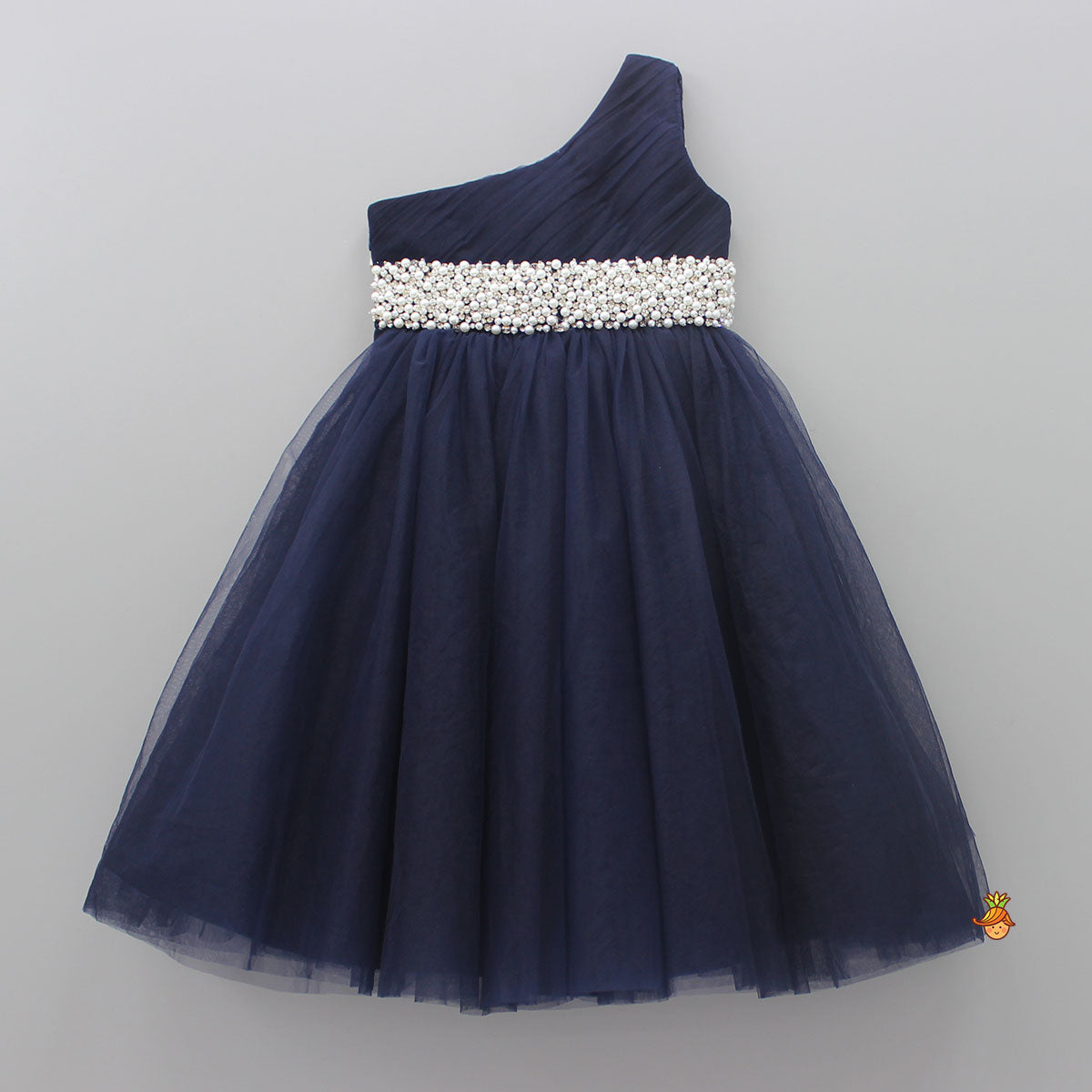Stunning Pearls And White Stones Embellished Navy Blue Gown