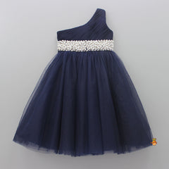 Pre Order: Stunning Pearls And White Stones Embellished Navy Blue Gown