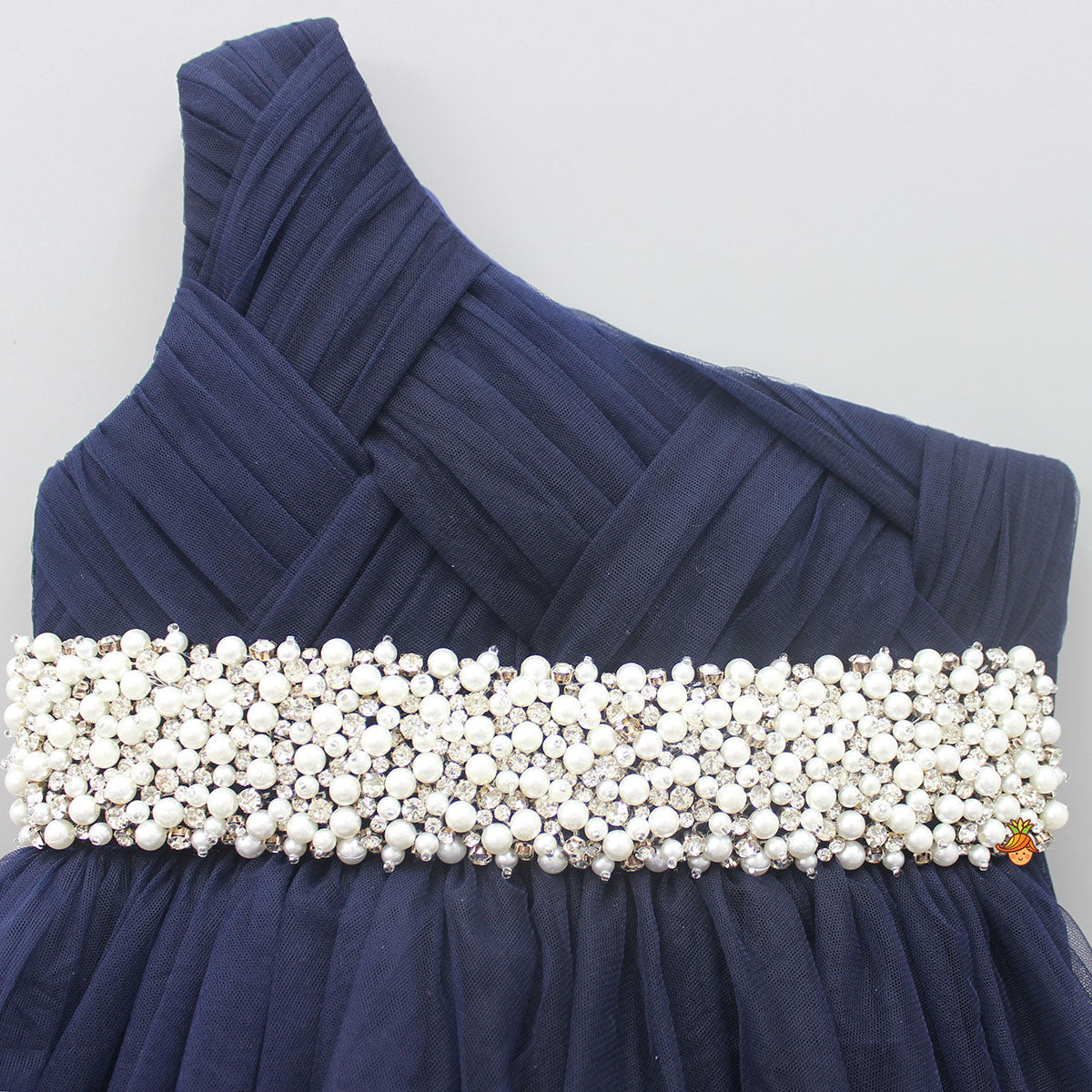 Stunning Pearls And White Stones Embellished Navy Blue Gown