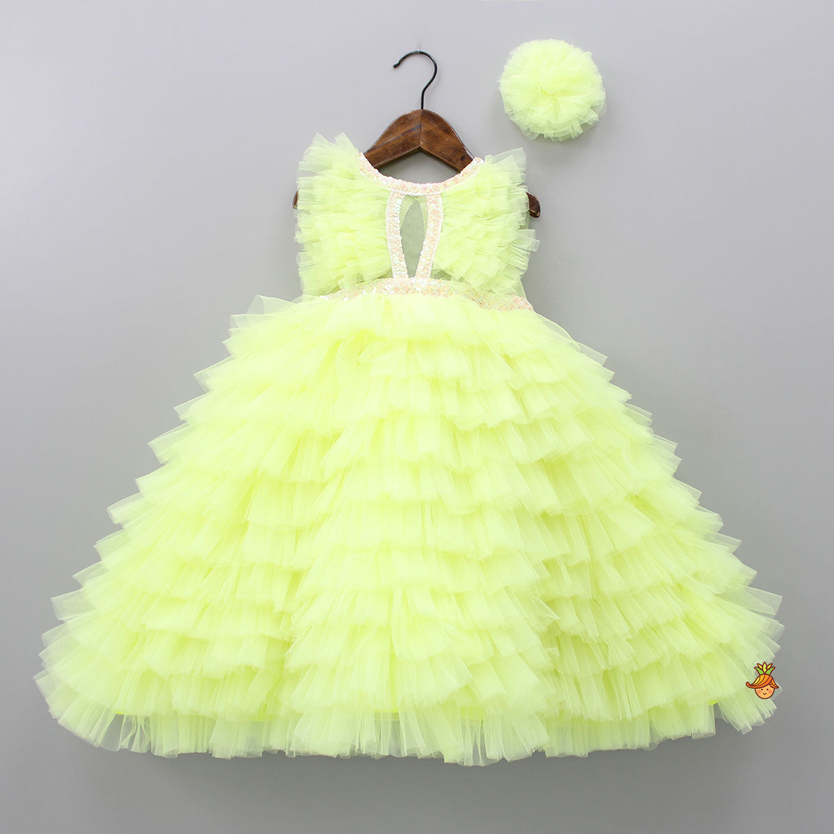 Pre Order Stunning Multi Layered Ruffle Light Neon Yellow Gown With M  Little  Muffet