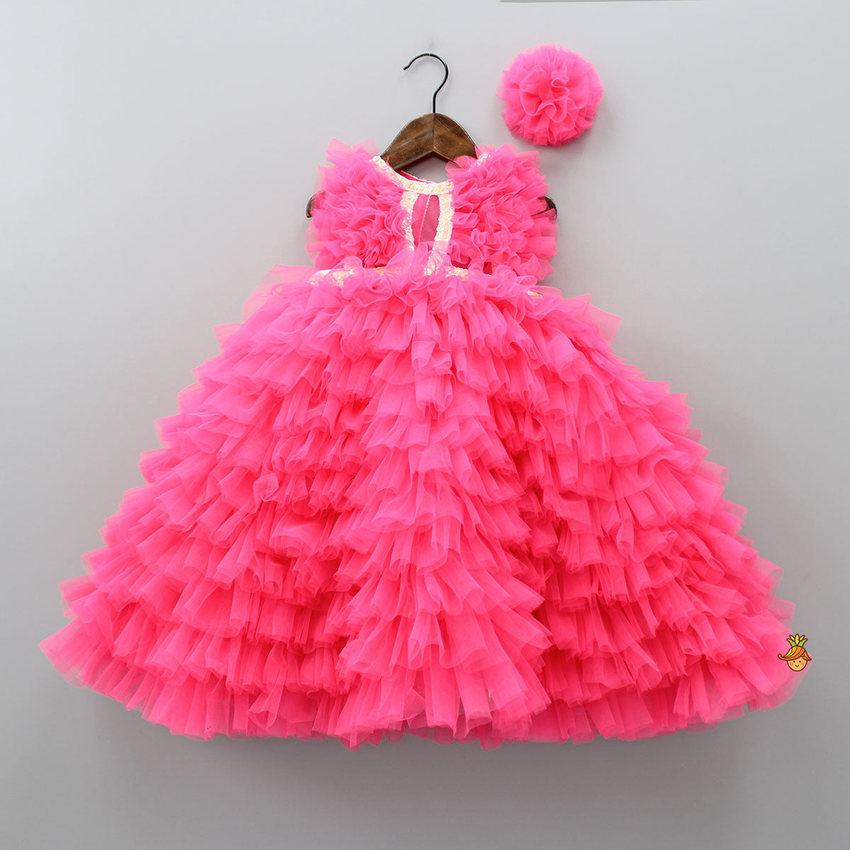 Pre Order Multi Layered Ruffle Pink Gown With Matching Floral Hair Cl  Little  Muffet