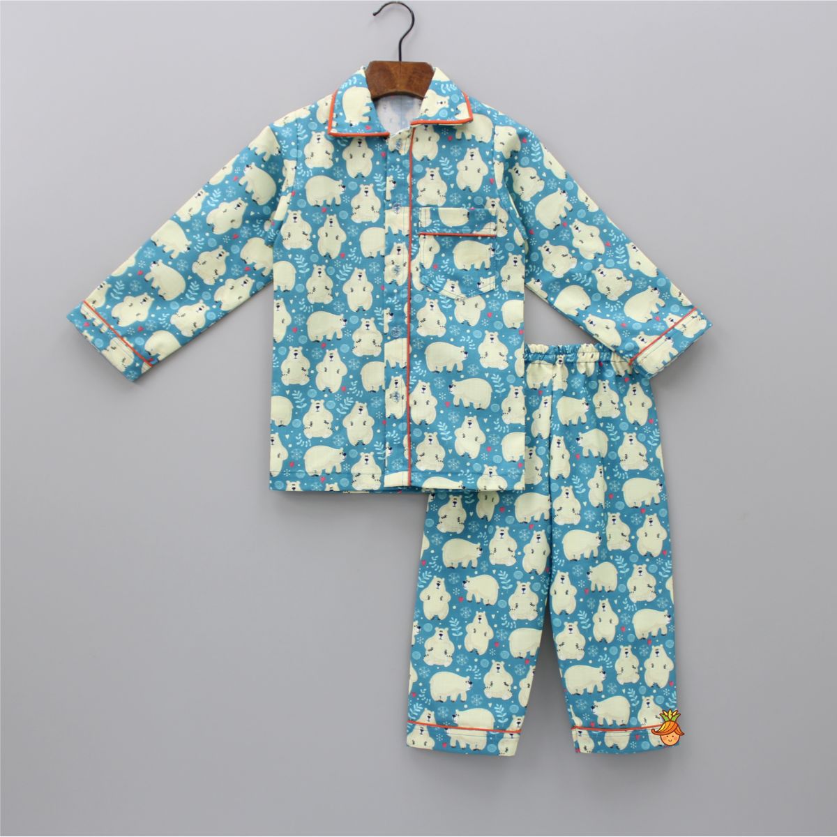 Pre Order: Bear Printed Teal Blue Cotton Sleepwear