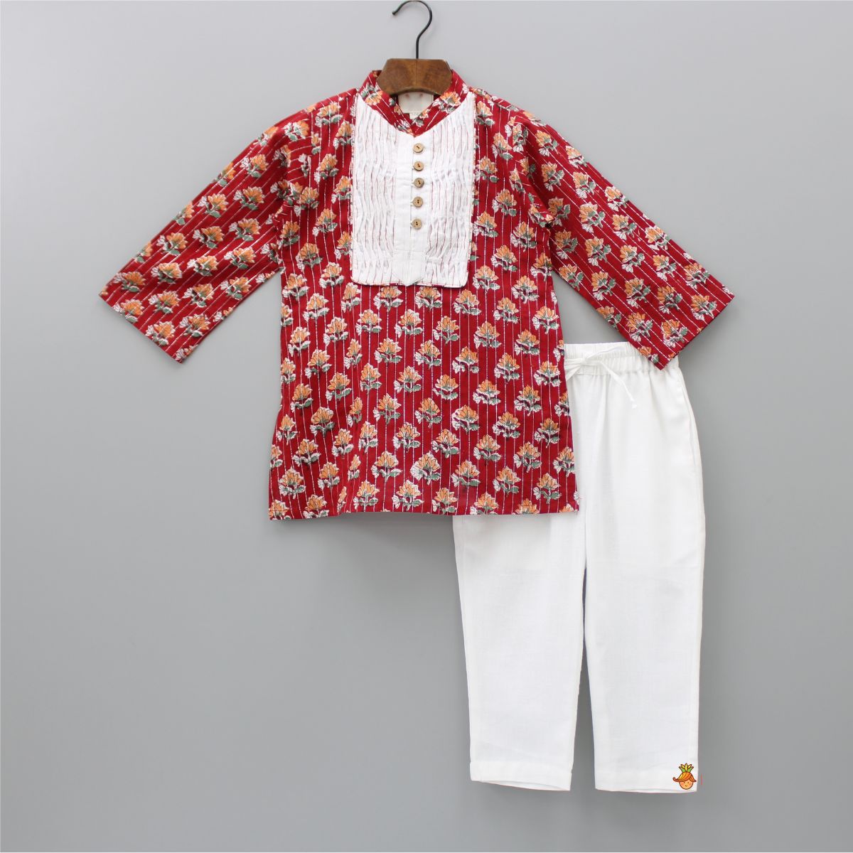 Pre Order: Hand Block Printed Loop Buttons Detail Red Kurta And White Pyjama