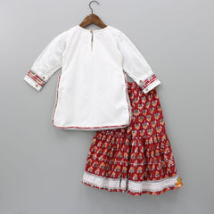 Pre Order: Gota Lace Detail Yoke Lurex Striped White Kurti And Red Hand Block Printed Sharara With Matching Dupatta