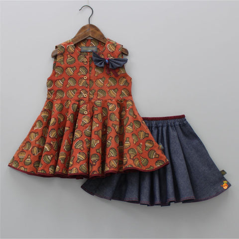 Hand Block Printed Rust Top And Pocket Detail Skirt Style Shorts