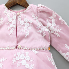 Pre Order: Ruffle Hem Stylish Blush Pink Dress With Floral Embroidered Jacket