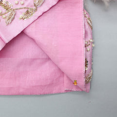 Pre Order: Zardozi Embroidered Light Pink Top And Double Layered Lehenga With Dupatta And Pleated Head Band