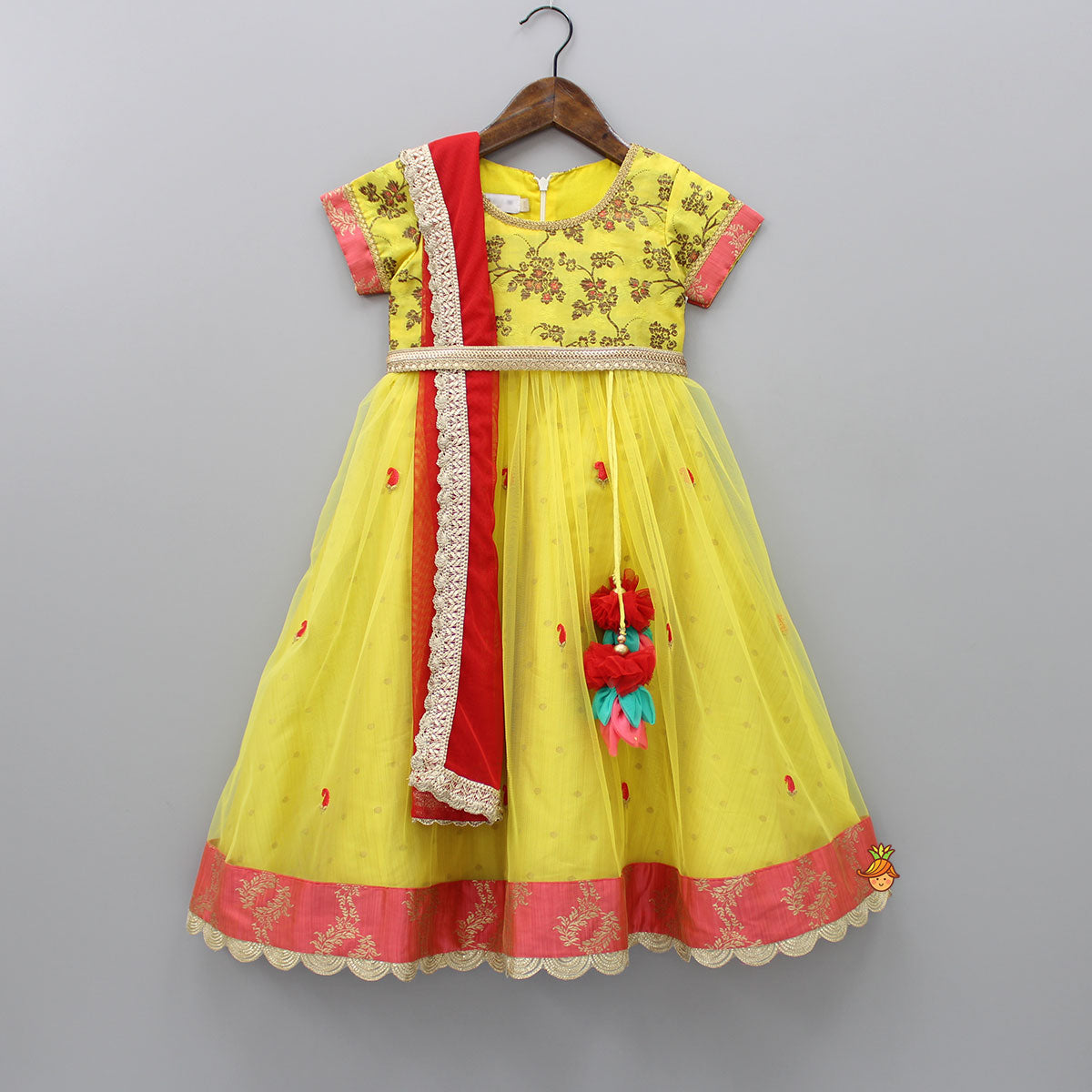 Yellow Brocade Anarkali With Detachable Belt And Red Dupatta