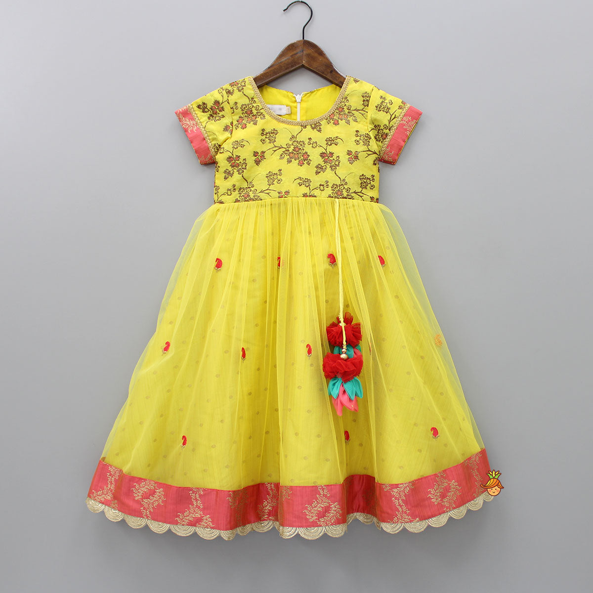 Yellow Brocade Anarkali With Detachable Belt And Red Dupatta