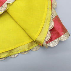 Pre Order: Yellow Brocade Anarkali With Detachable Belt And Red Dupatta
