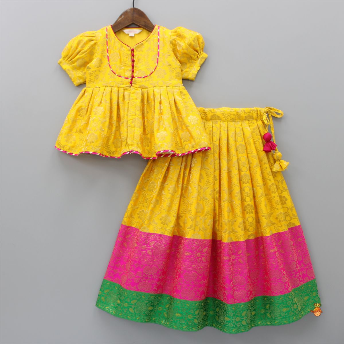 Potli Buttons Detail Yellow Brocade Top And Pleated Multicolour Lehenga