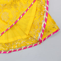 Pre Order: Potli Buttons Detail Yellow Brocade Top And Pleated Multicolour Lehenga