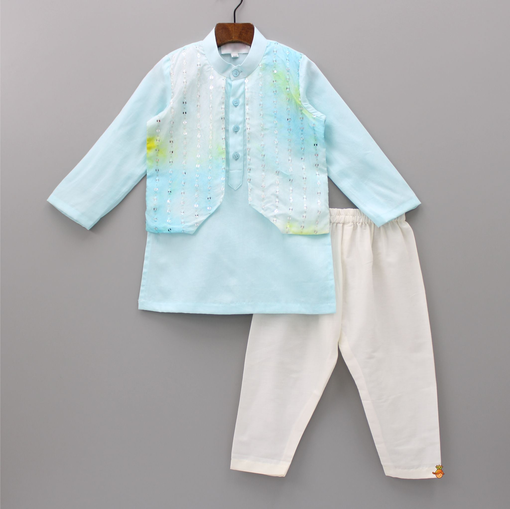 Pre Order: Sky Blue Jacket Style Embroidered Tie And Dye Kurta With Off White Pyjama