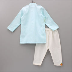Pre Order: Sky Blue Jacket Style Embroidered Tie And Dye Kurta With Off White Pyjama
