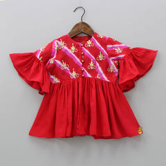 Pre Order: Vibrant Red Gota Embroidered Chinon Silk Top And Tiered Sharara With Matching Dupatta And Floral Head Band