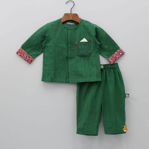 Contrasting Pocket Square Detail Dark Green Short Kurta And Pyjama