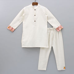Pre Order: Off White Kurta With Printed Peach Pocket Detail Jacket and Pyjama