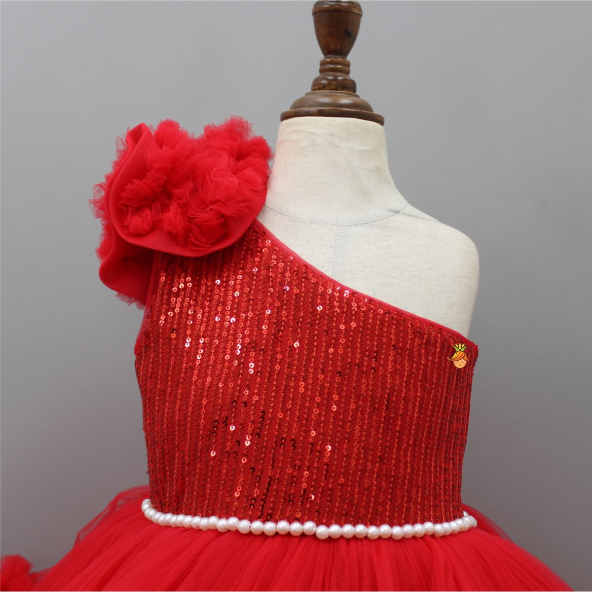 Sequins Embellished One Shoulder Ruffle Layered Party Wear Red Gown