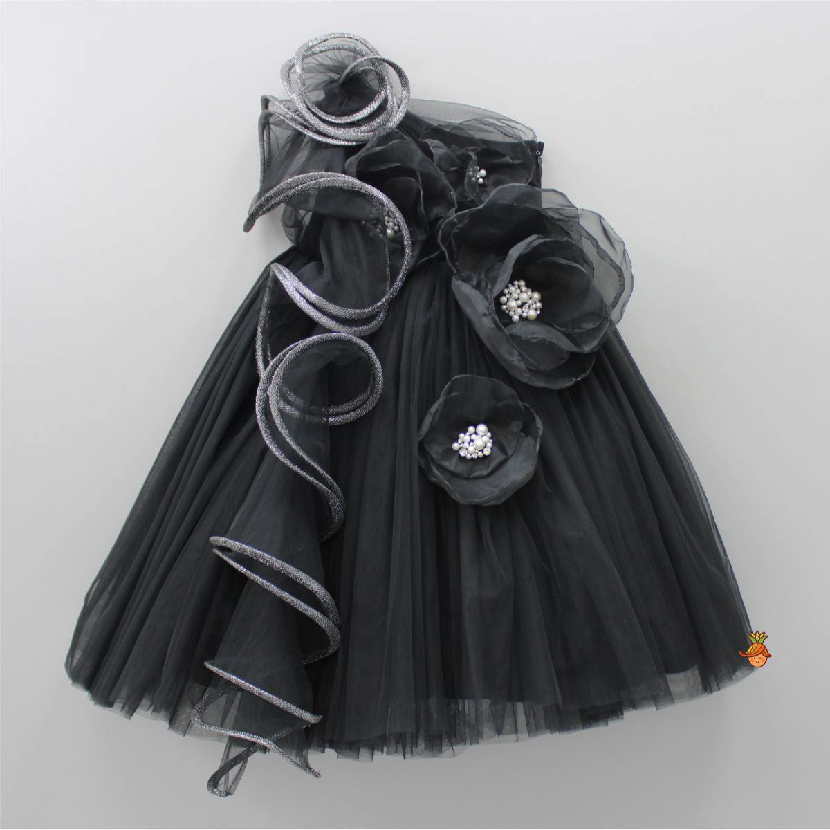 Pre Order: Pearly Adorable Flowers Adorned Black Ruffle Gown