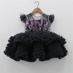Pre Order: Sequined Black Ruffle Layered Bottom Dress With Detachable Trail
