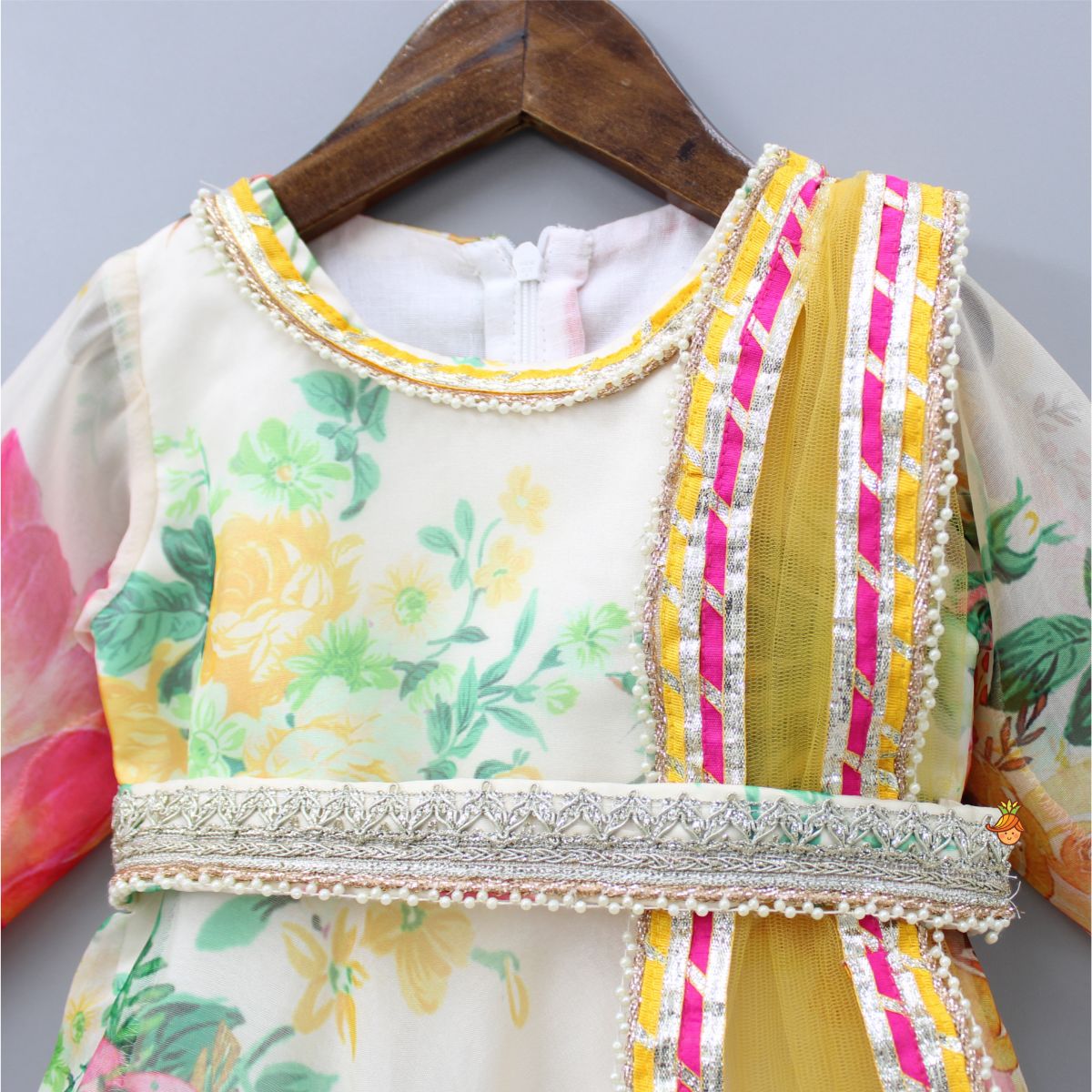 Adorable Blooming Flowers Printed Asymmetric Ruffle Hem Anarkali With Pearls Lace Detail Attached Dupatta
