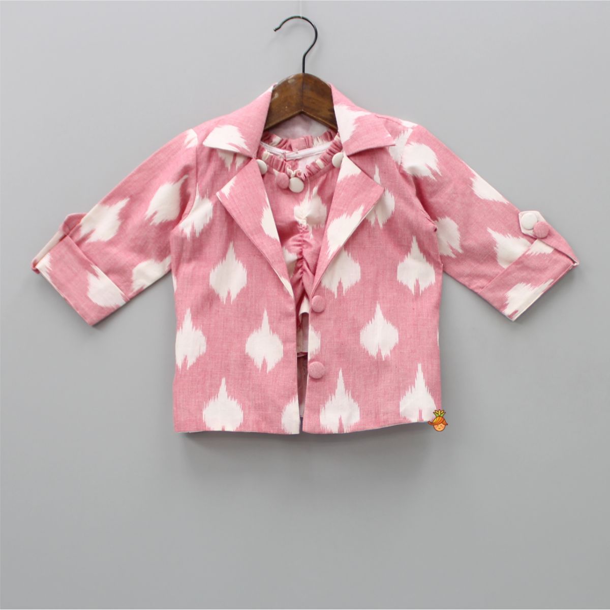 Ikkat Printed Cotton Baby Pink Top With Notch Collar Jacket And Knot Detail Pant