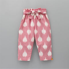 Pre Order: Ikkat Printed Cotton Baby Pink Top With Notch Collar Jacket And Knot Detail Pant