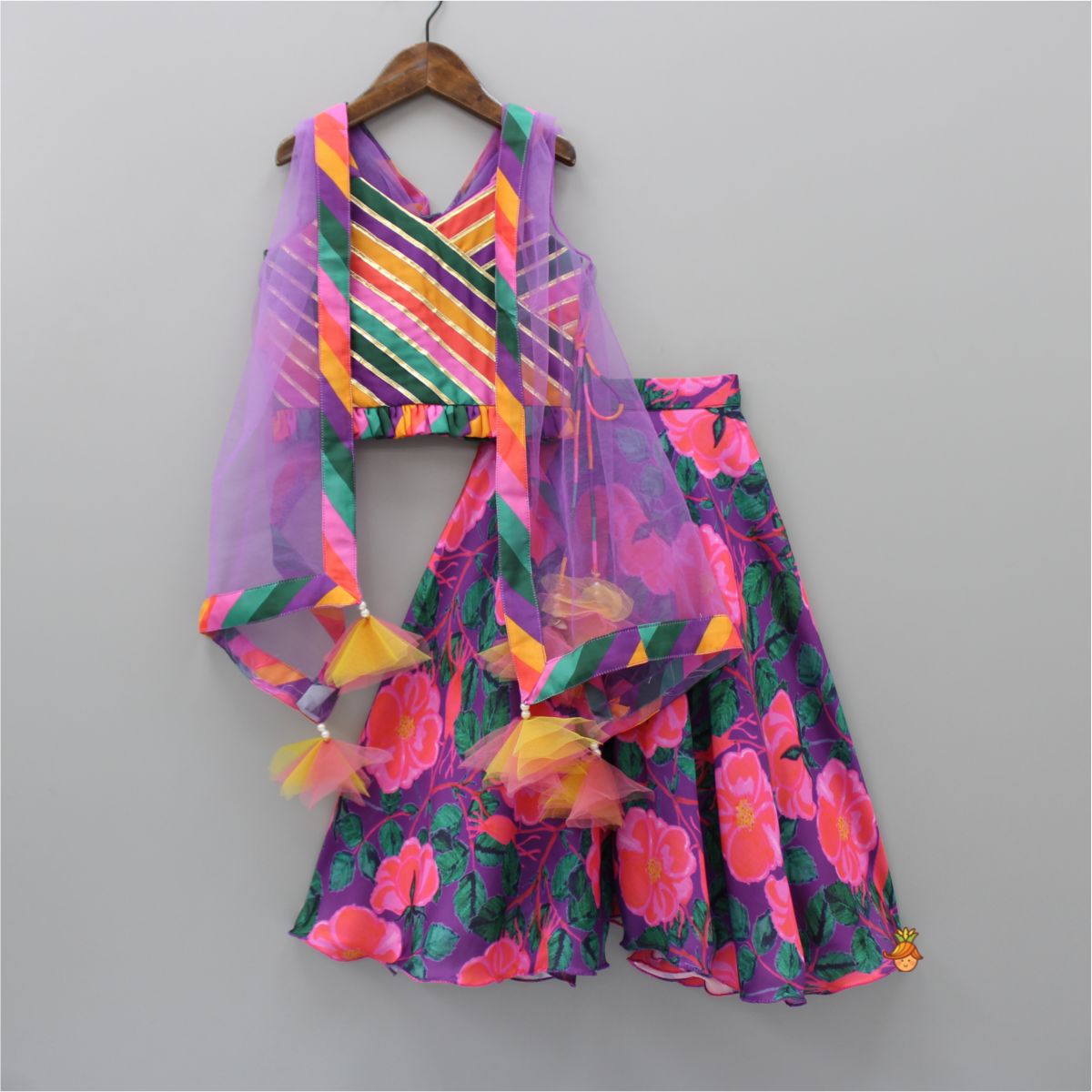 Pre Order: Stylish Diagonal Gota Lace Work Striped Multicolour Cape Top And Floral Printed Palazzo