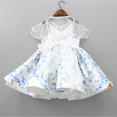 Pre Order: Blooming Flowers Printed Blue And White Spaghetti Straps Cape Dress