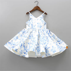 Pre Order: Blooming Flowers Printed Blue And White Spaghetti Straps Cape Dress