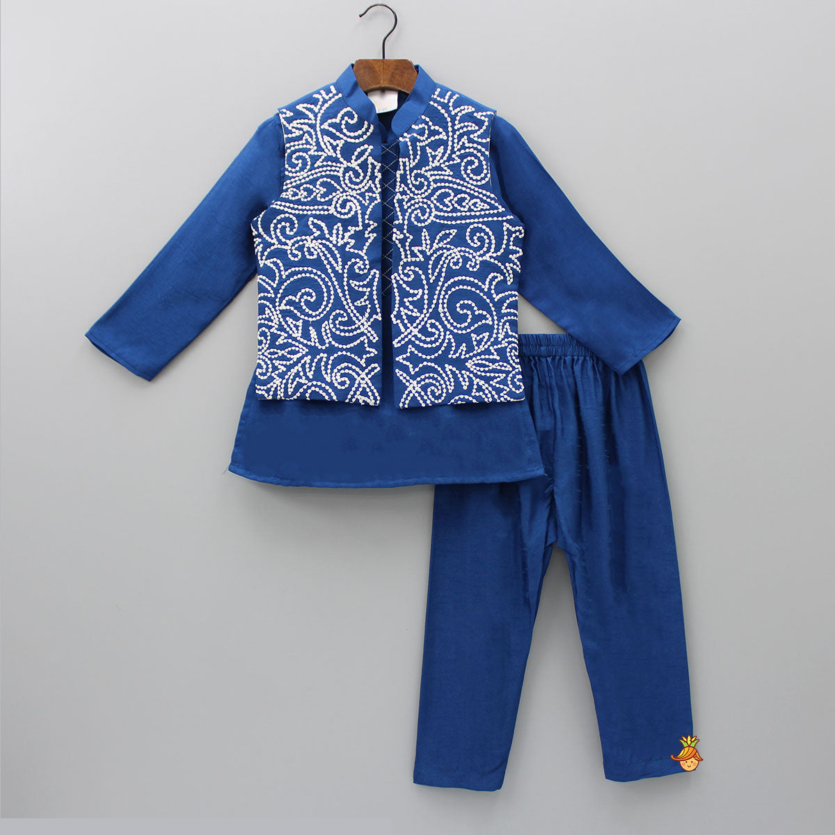 Pre Order: Silk Embroidered Front Placket Cobalt Blue Kurta With Sleeveless Open Jacket And Pyjama