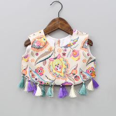 Pre Order: Fringes Detail Round Neck Multicolour Top And Flared Palazzo