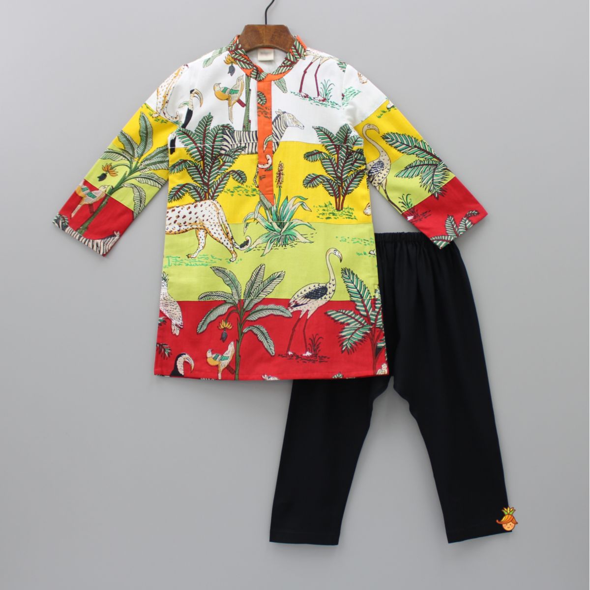 Pre Order: Jungle Theme Printed Multicolour Kurta And Black Pyjama