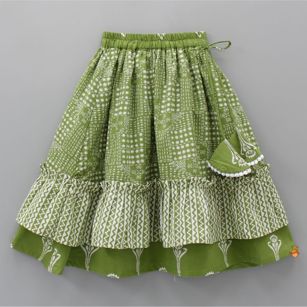 Flat Pom Pom Lace Detail Mehendi Green Layered Sleeves Top And Lehenga