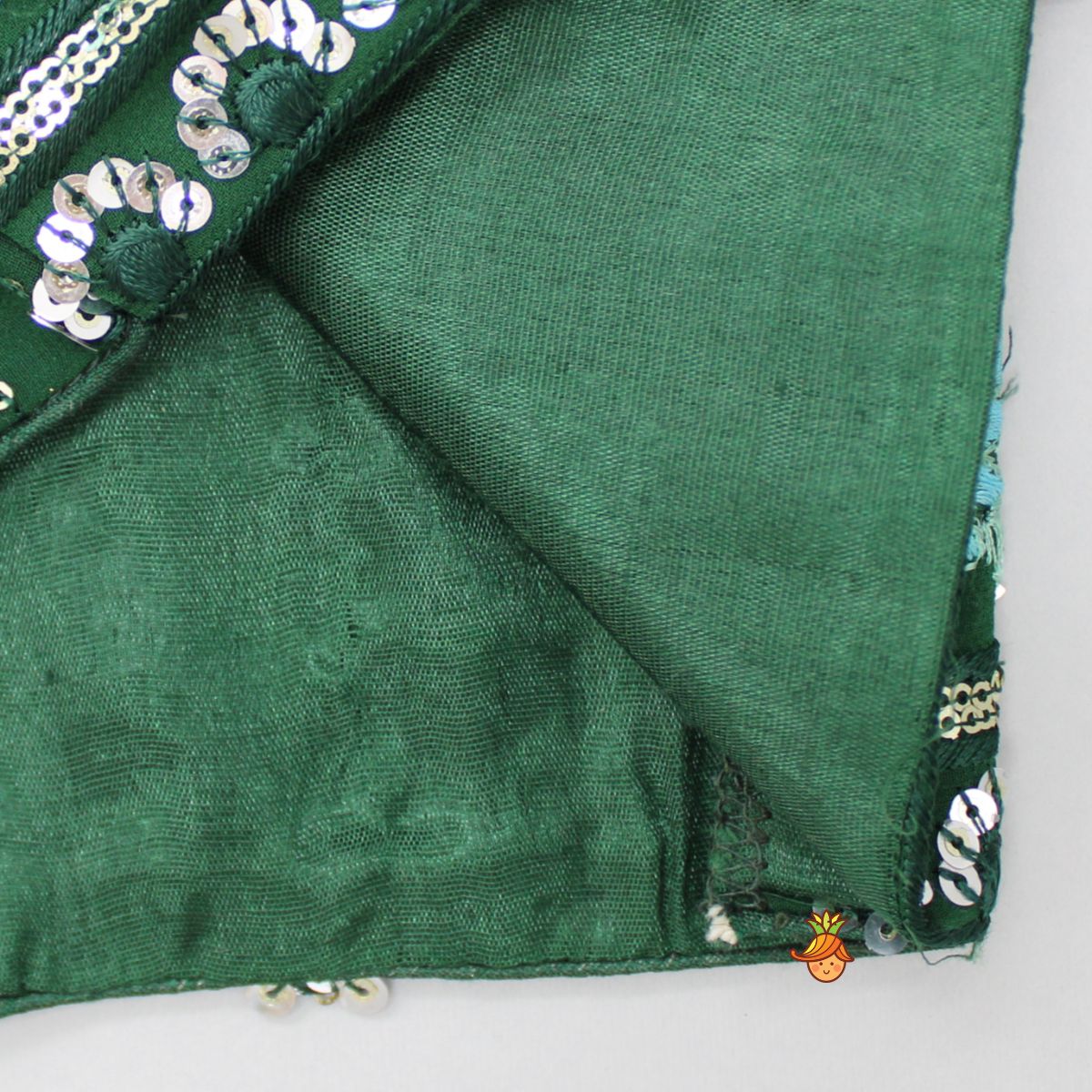 Heavy Embroidered Bell Sleeves Dark Green Top And Flared Lehenga With Faux Mirror Lace Work Dupatta