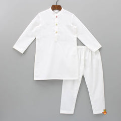 Pre Order: Ethnic White Kurta With Diagonal Striped Gota Lace Work Open Jacket And Pyjama