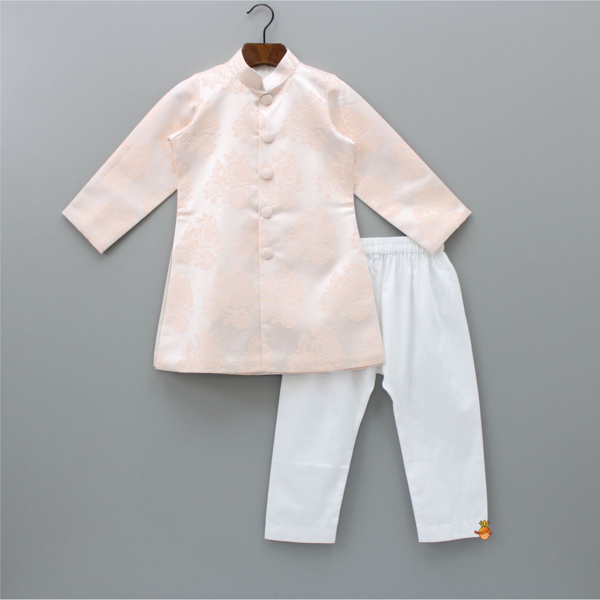 Pre Order: Front Open Floral Peach Sherwani And White Pyjama
