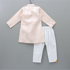 Pre Order: Front Open Floral Peach Sherwani And White Pyjama