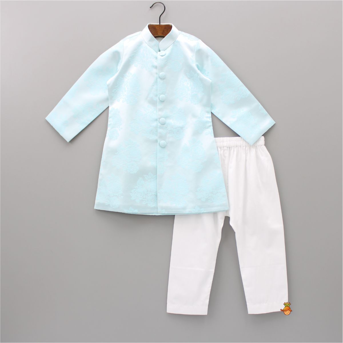 Front Open Floral Aqua Blue Sherwani And White Pyjama