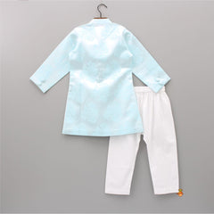 Pre Order: Front Open Floral Aqua Blue Sherwani And White Pyjama