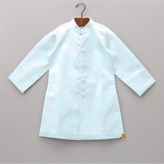 Pre Order: Front Open Floral Aqua Blue Sherwani And White Pyjama
