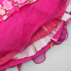 Pre Order: Rani Pink Stylish Frilly Sleeves Embroidered Top And Layered Lehenga