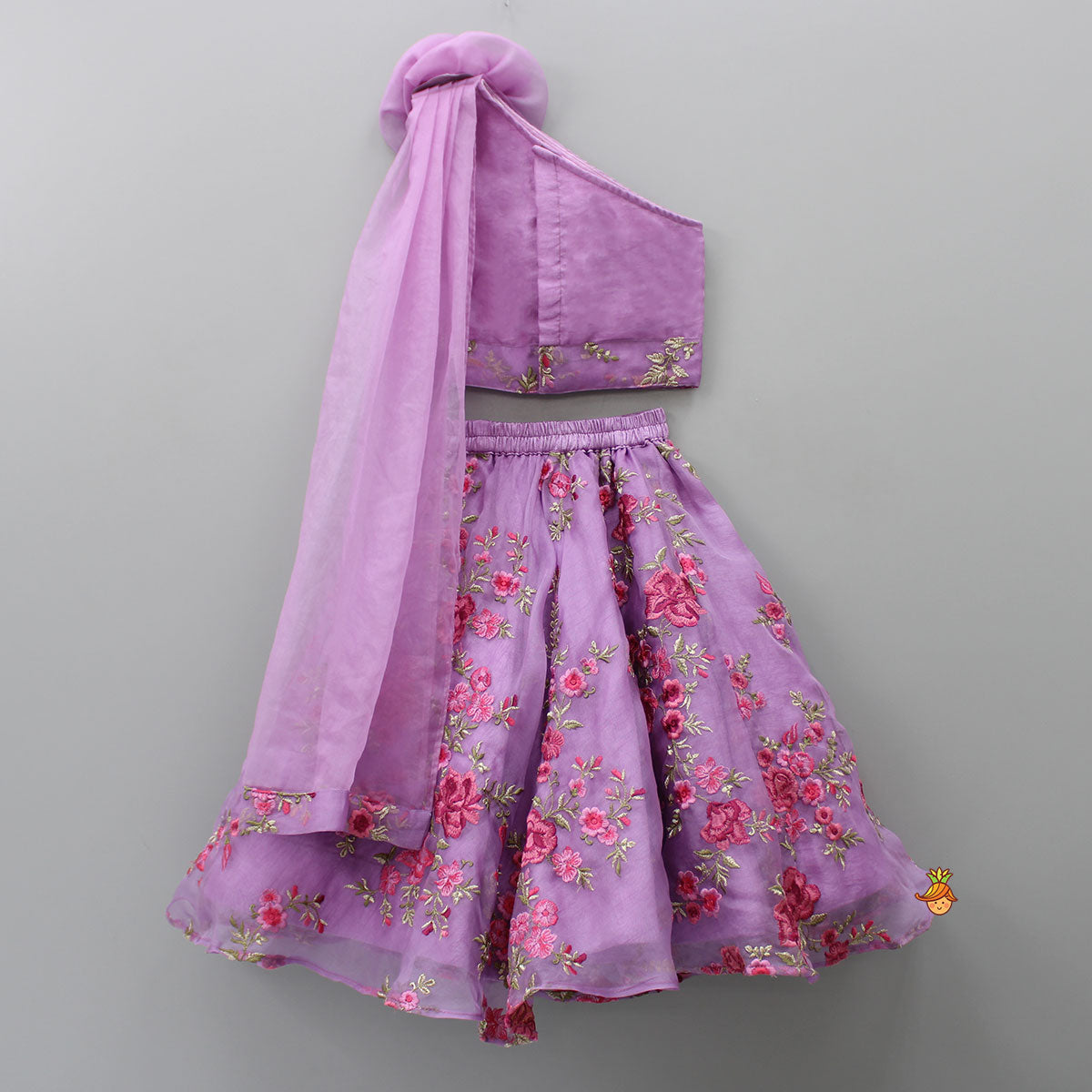 Lilac Pleated Rose Drape Top And Floral Embroidered Lehenga
