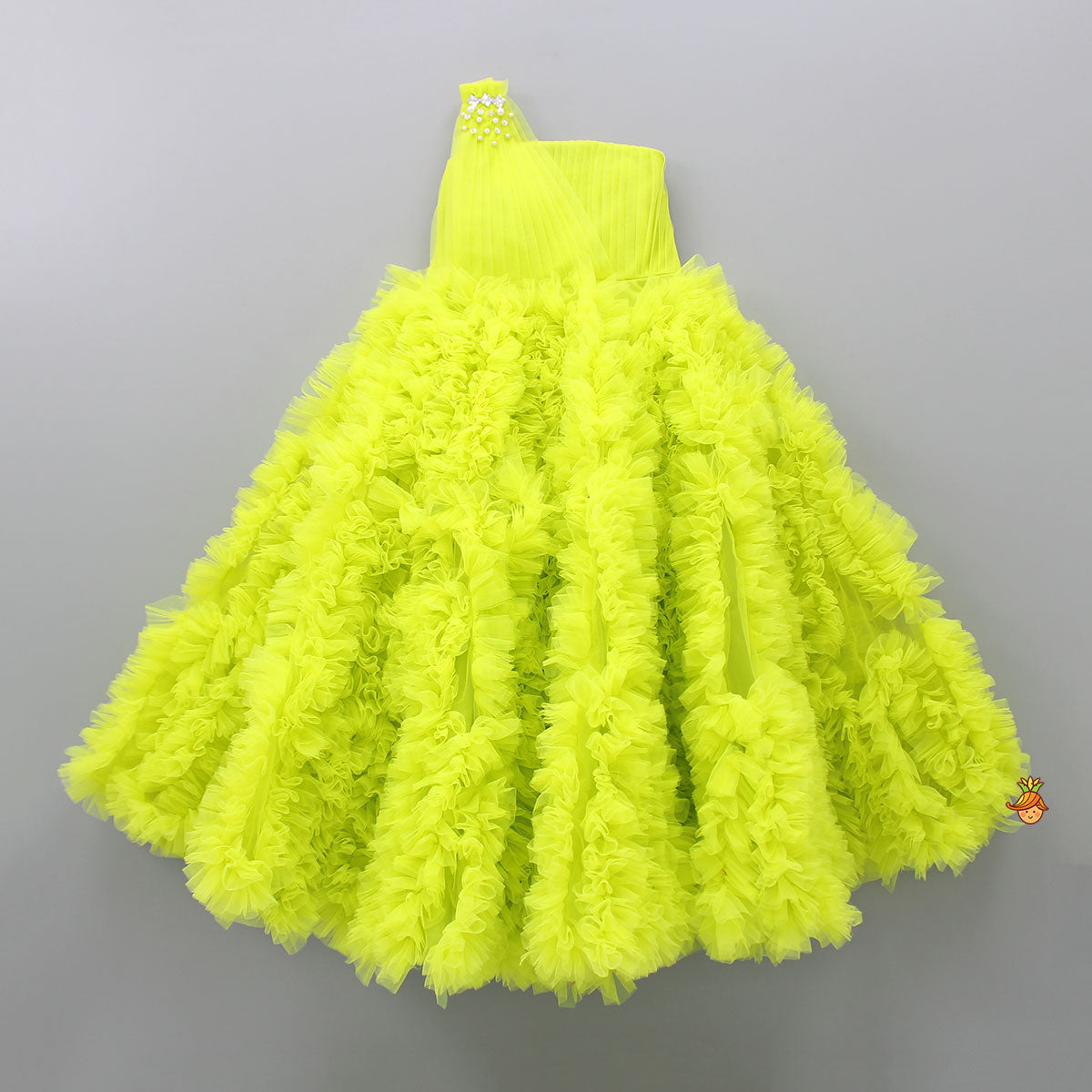 Pre Order: Pleated Yoke Lime Green Ruffled Bottom Gown