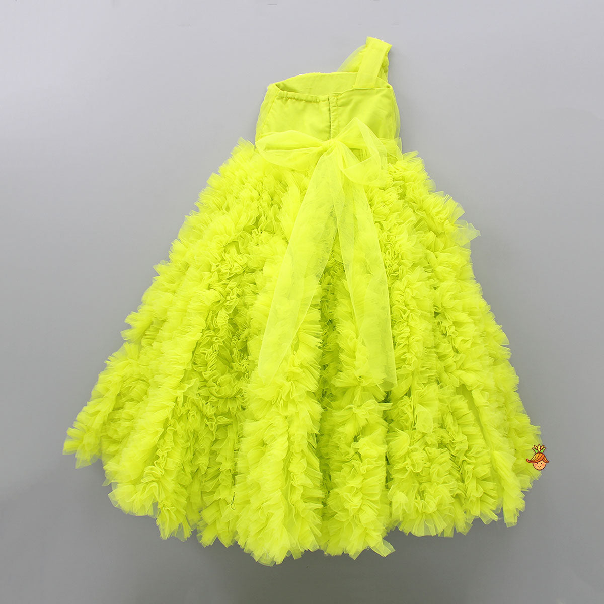 Pleated Yoke Lime Green Ruffled Bottom Gown