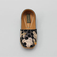 Honey Comb And Honey Bee Embroidered Black Jutti
