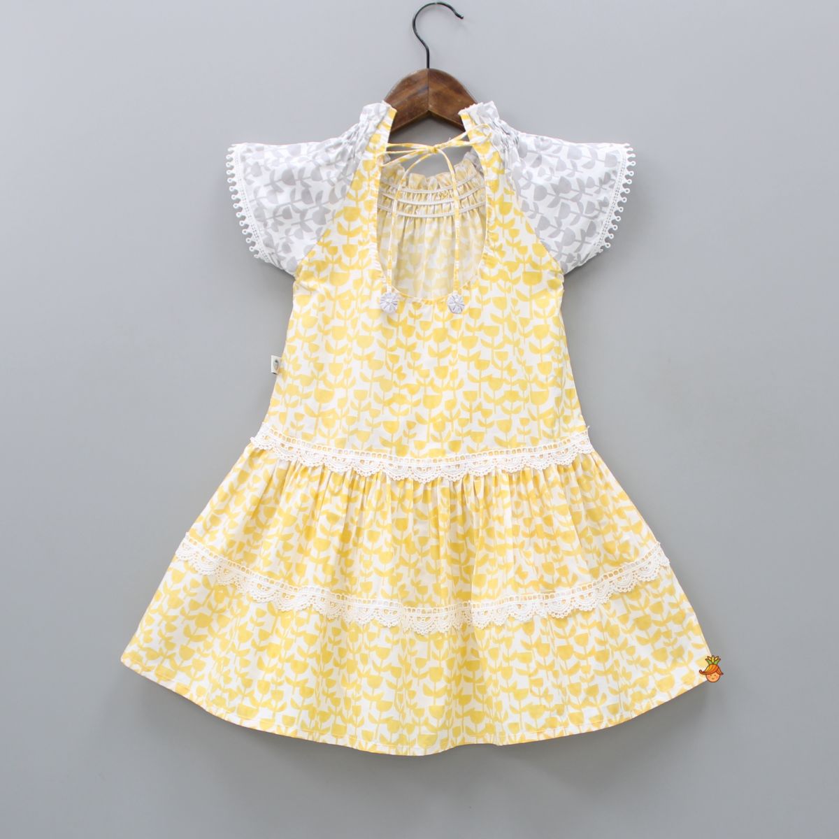 Flat Back Pearls Embellished Yellow And Grey High Neck Dress
